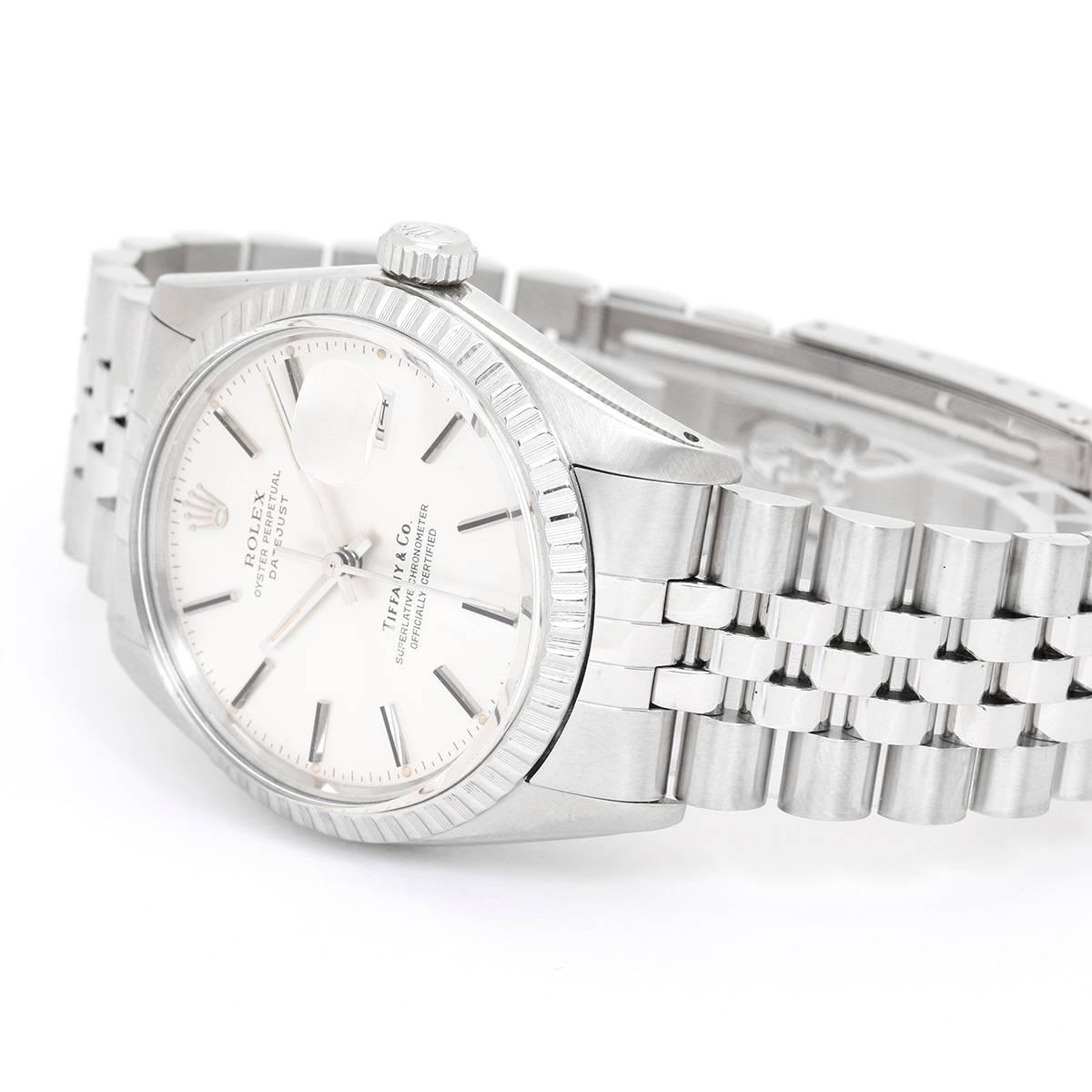 Rolex X Tiffany & Co.  Datejust Men's Steel Watch 16030 -  Automatic winding with date; acrylic crystal. Stainless steel case (36mm diameter)  with engine turned bezel; Original Tiffany & Co. Sticker on case. Silver tone with stick hour