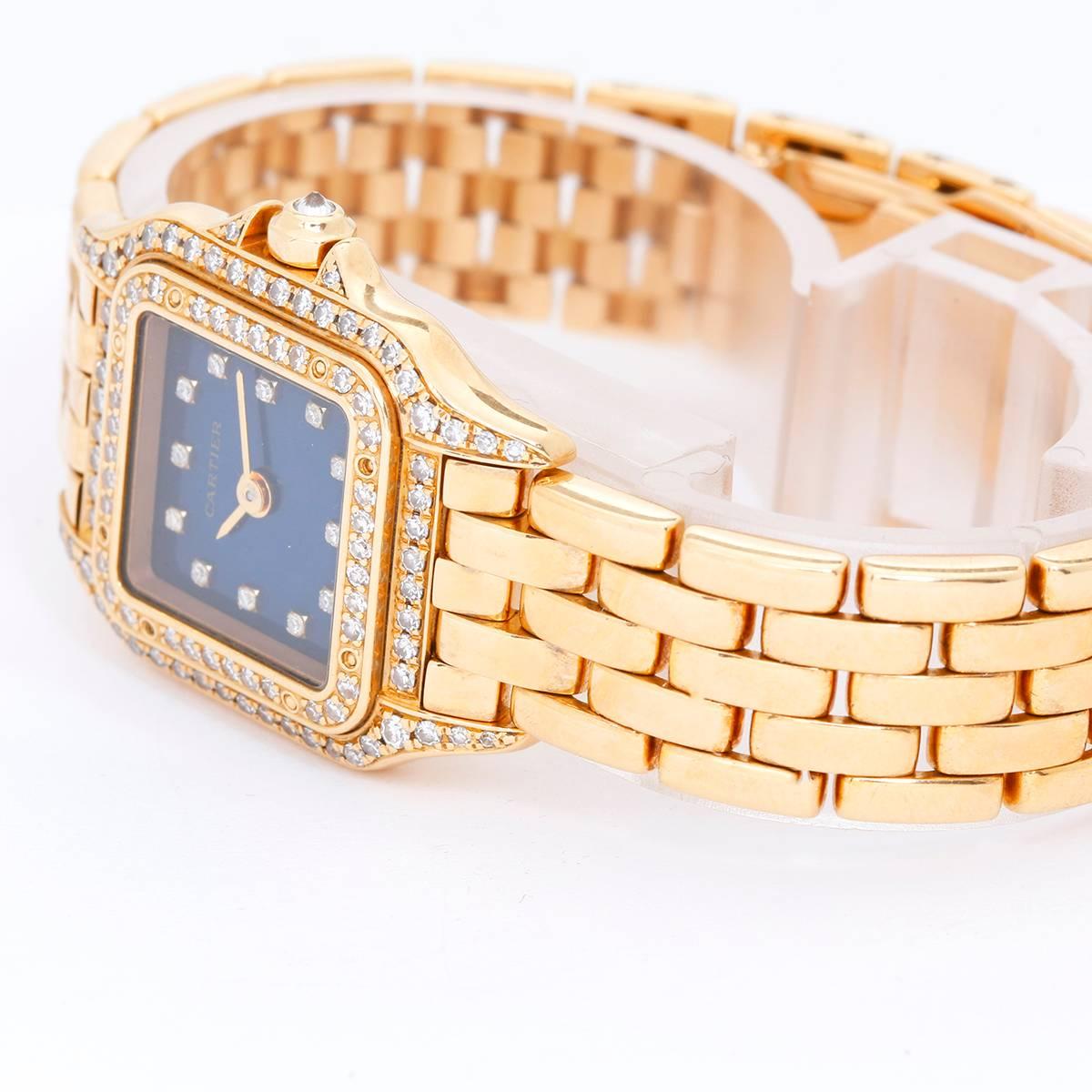 Cartier Small 18K Yellow Gold Panther  Ladies Watch -  Quartz. 18K Yellow Gold  (30 x 22 mm); Diamond bezel. Blue enamel  with hour diamond markers. 18K Yellow Gold Panther bracelet with deployant buckle. Pre-owned with box.