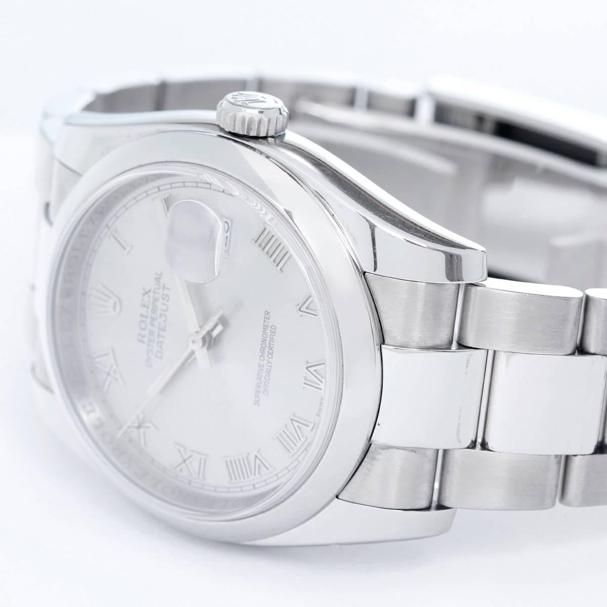 Rolex Datejust Men's Stainless Steel Automatic Winding Watch 116200 -  Automatic winding, 31 jewels, Quickset, sapphire crystal. Stainless steel case with smooth bezel (36mm diameter). Silver dial with Roman numerals. Stainless steel Oyster