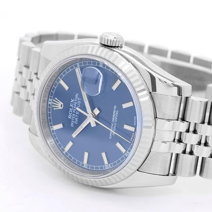 Rolex Datejust Men's Steel Watch 116234 Blue Dial -  Automatic winding, 31 jewels, Quickset, sapphire crystal. Stainless steel case with 18k white gold fluted bezel (36mm diameter). Blue dial with luminous markers. Stainless steel Jubilee bracelet.
