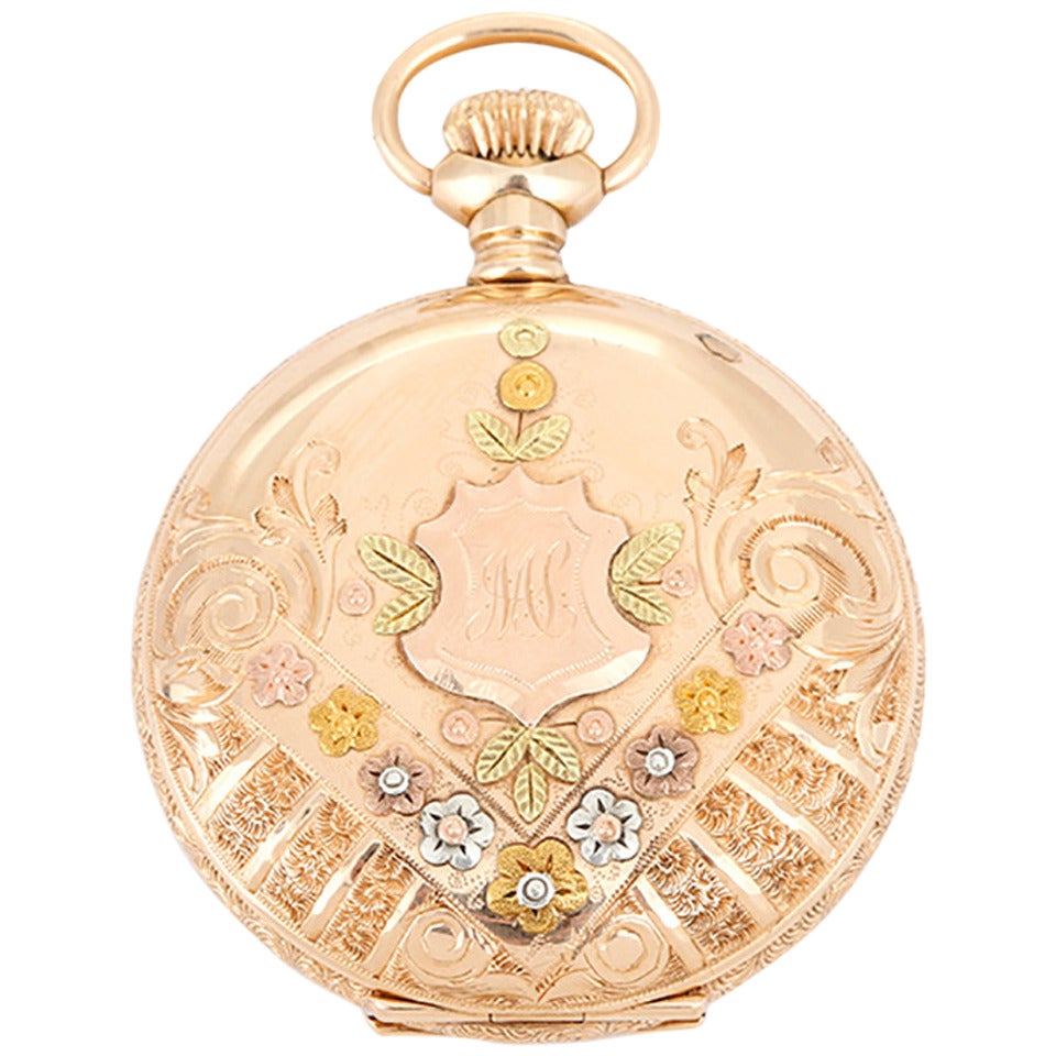 Waltham Three Color Gold O Size Hunting Case Pocket Pendant Watch