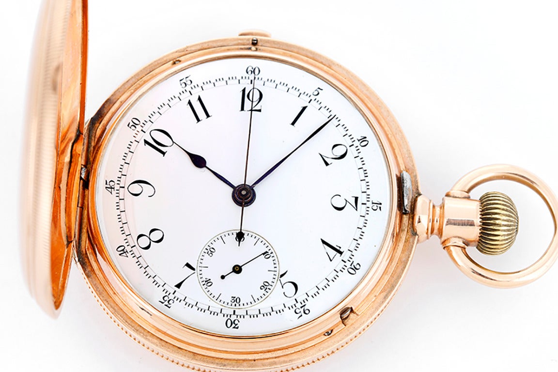 Swiss Made Rose Gold Hunting Case Chronograph Pocket Watch In Good Condition In Dallas, TX