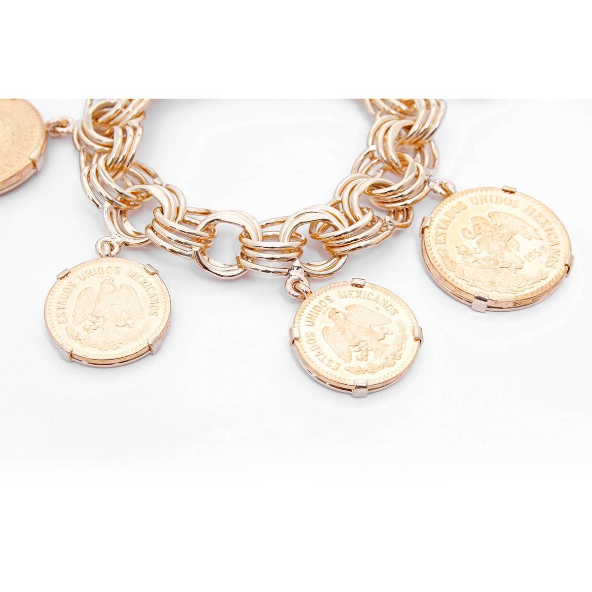 18K Yellow Gold Charm Mexican Coin Bracelet - . This vintage Mexican coinn bracelet consists of 6 coins dating 1955 & 1959. It measures approximately 8