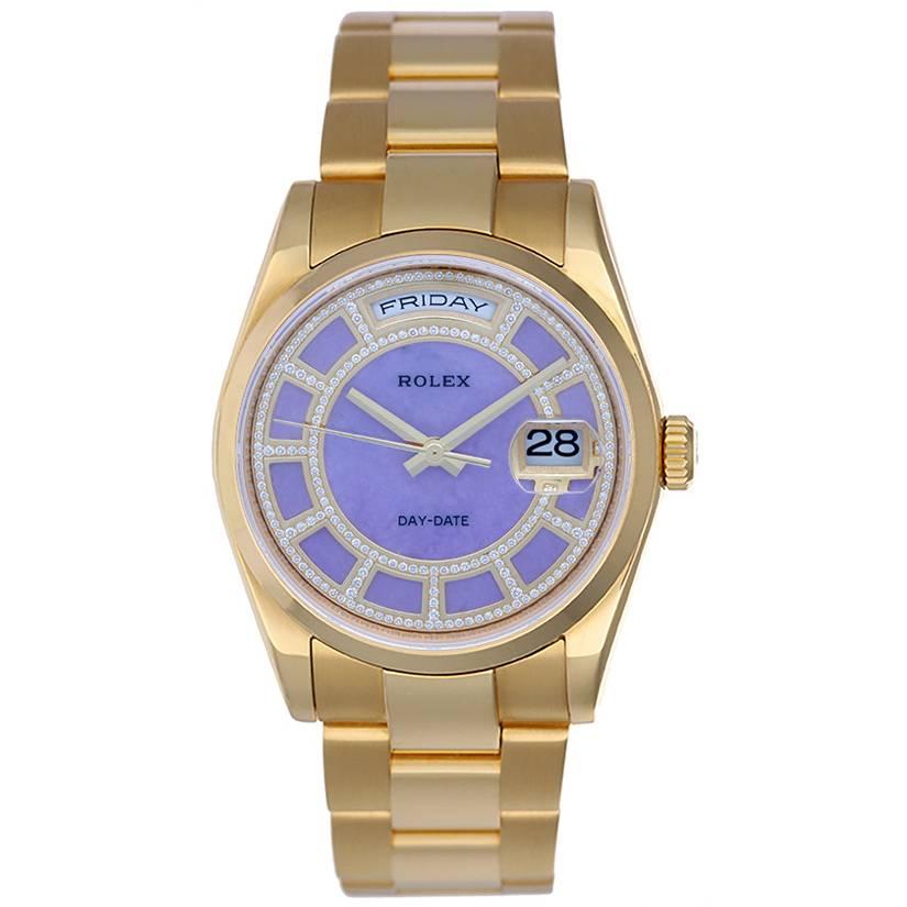 Rolex Yellow Gold Diamond Lilac Stone Carousel President Day-Date Wristwatch 