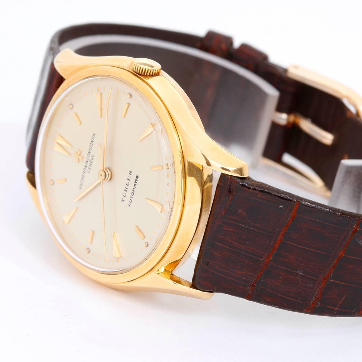 Vacheron Contantin 18K Yellow Gold Turler Men's Watch -  Automatic; Acrylic crystal. 18K Yellow Gold ( 35 mm ). Silvered dial with 18K yellow gold stick "sword" markers. Brown leather strap with tang buckle. Pre-owned with box. Circa