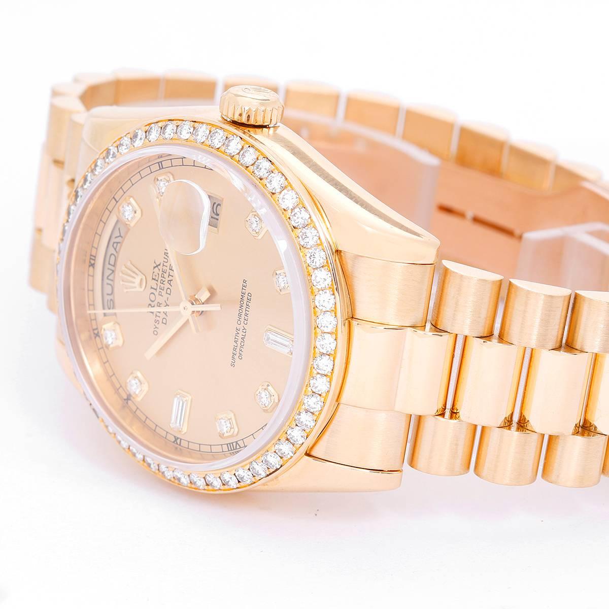 Rolex President Day-Date Men's Yellow Gold Watch Factory Diamonds 118348 -  Automatic winding, 31 jewels, Quickset, sapphire crystal. 18k yellow gold case with factory diamond bezel  (36mm diameter). Factory champagne diamond dial. 18k yellow gold