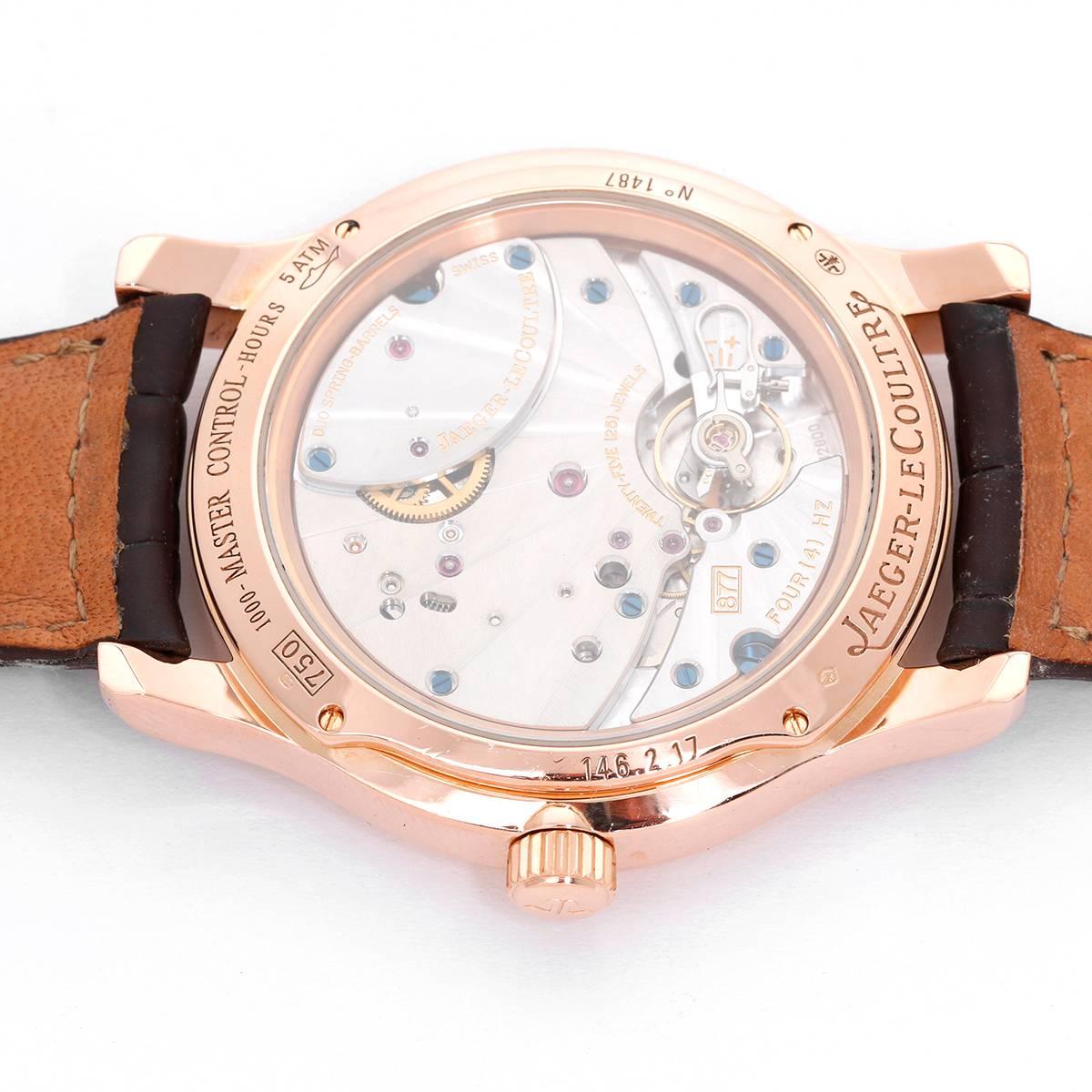 Jaeger-LeCoultre Master Eight Days Rose Gold Men's Watch Q1602420 -  Automatic winding, Date, Day/Night Indicator, Power Reserve Indicator. Rose gold case (42mm diameter). Silvered dial with arrow shaped markers. Strap band with rose gold deployant