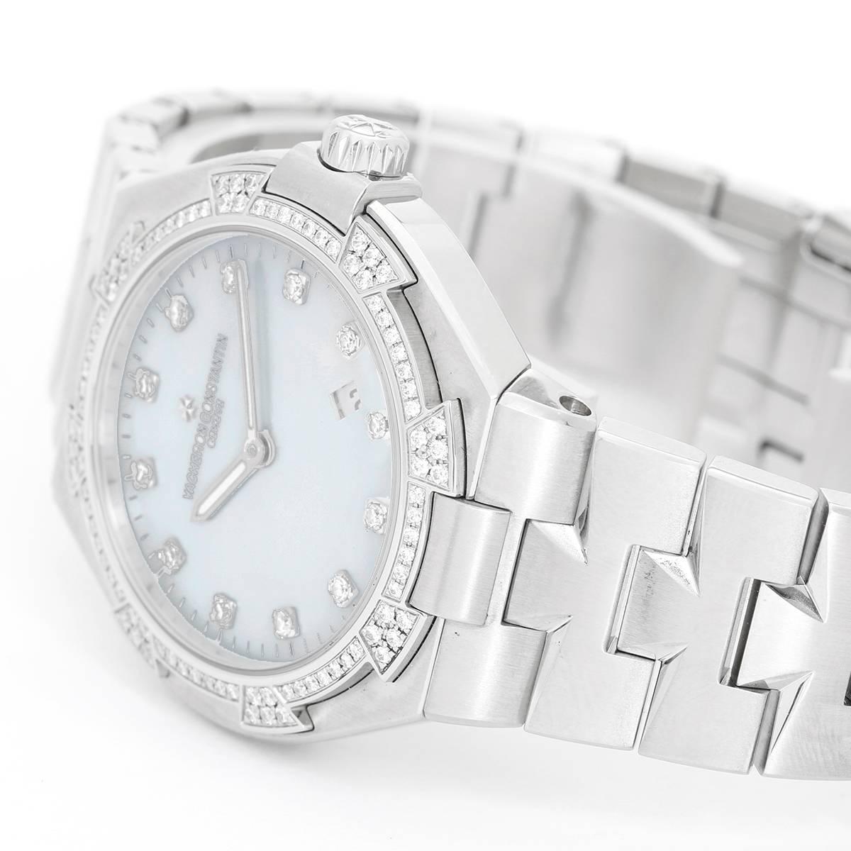Vacheron Constantin Overseas Stainless Steel Ladies Watch ref. 25750 or 25750/d01a-9123 -  Quartz;  with date at 4 o'clock. Stainless steel case with 101 diamonds set in bezel (34mm). Mother of Pearl dial with diamond hour markers. Stainless Steel