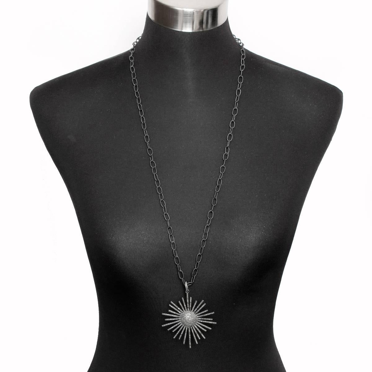 Sliced Diamond and Oxidized Sterling Silver Starburst Necklace In Excellent Condition In Dallas, TX
