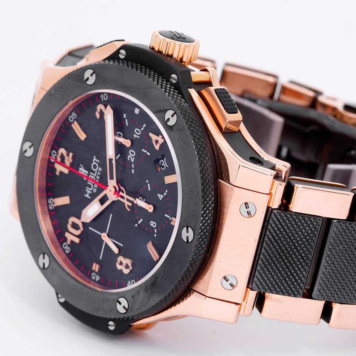 Hublot Big Bang Chronograph 18k Rose Gold Men's Watch 341.PB.131.PB -  Automatic winding; chronograph with date. 	18k rose gold case with black ceramic bezel and exposition back (44mm). 	Black carbon fiber dial with rose gold markers; minutes and