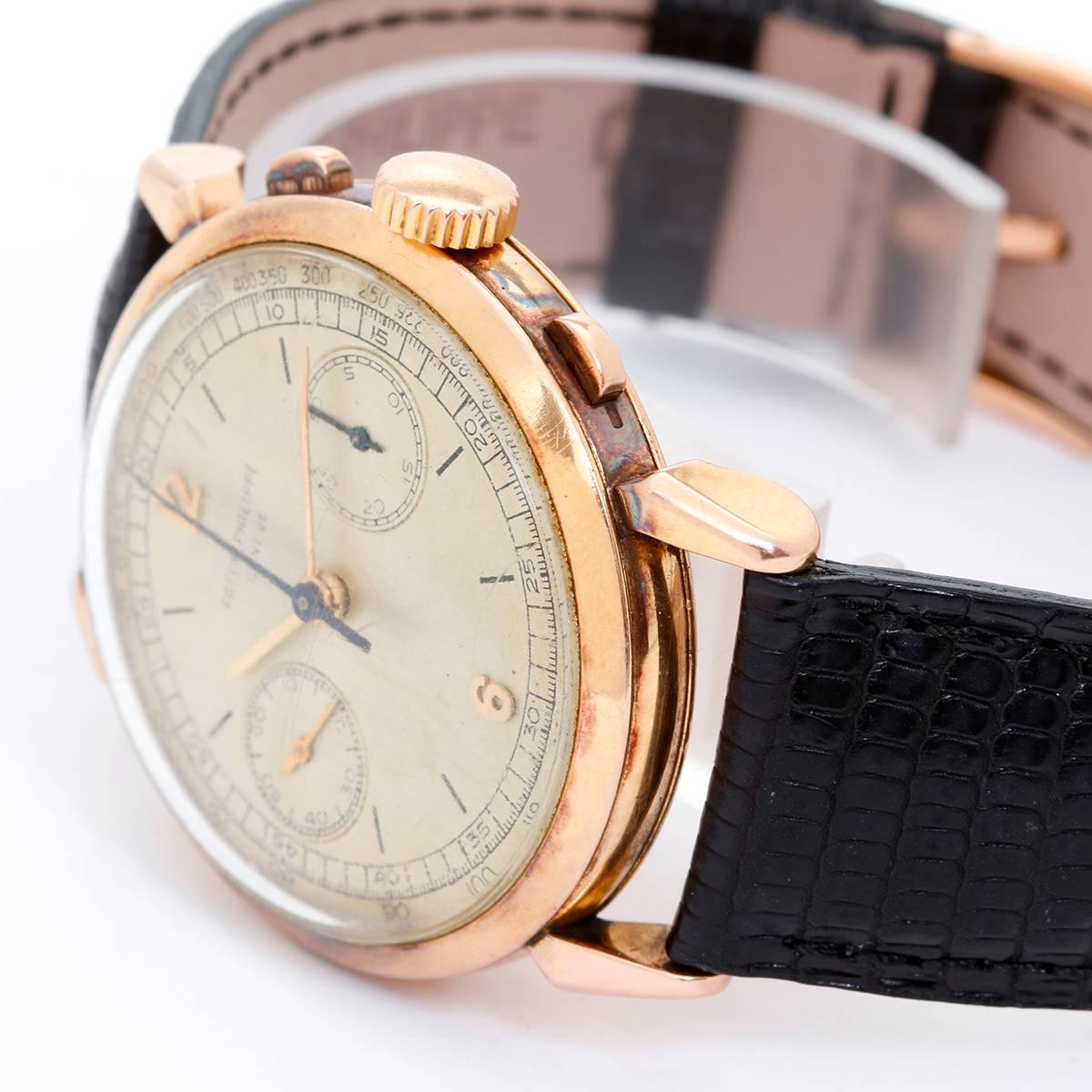 Vintage Patek Philippe & Co. Chronograph Men's Watch Ref 1579 -  Manual winding. Rose gold ( 36 mm ). Silvered dial with stick markers and Arabic numerals, railway Arabic five minute divisions, outer tachymetre scale, two subsidiary dials. Patek