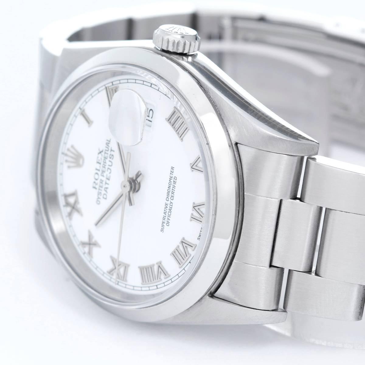 Rolex Datejust Men's Stainless Steel White Roman Numerals Watch 16200 -  Automatic winding, Quickset, sapphire crystal. Stainless steel case with smooth bezel (36mm diameter). White dial with Roman Numerals. Stainless steel Oyster bracelet.