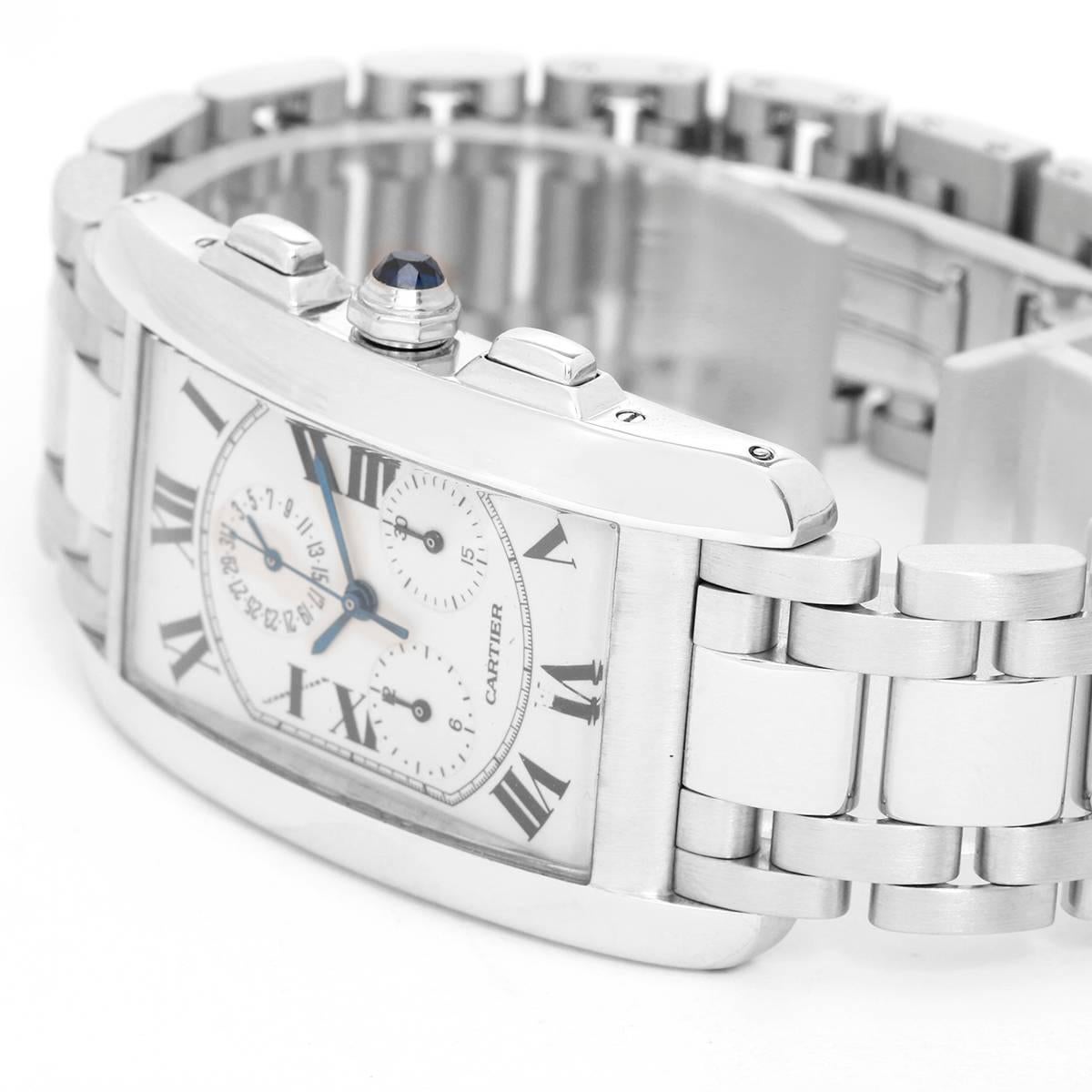 Cartier Tank Americaine Chronograph Men's/Ladies 18k White Gold Watch W260334 -  Quartz chronograph with date. 18k white gold rectangular style case (26mm x 45mm). Silvered guilloche dial with black Roman numerals; date; hour minutes and seconds