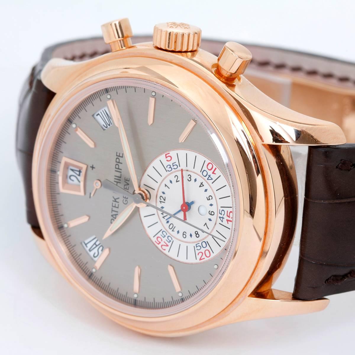 Patek Philippe Calatrava Chronograph Men's 18k Rose Gold Watch  5960 R -  Automatic winding. 18k rose gold case with exposition back (40mm diameter). Pre-owned with Patek Philippe  box and papers dated Nov. 1st 2016.