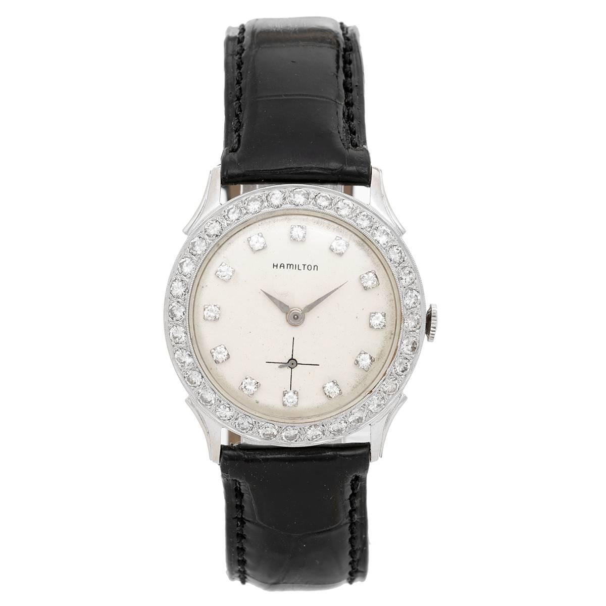 Hamilton White Gold Diamond Bezel Vintage Manual Wristwatch, Circa 1950s