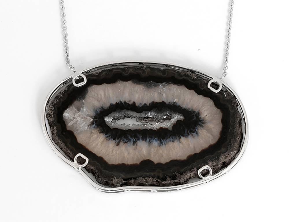 Amazing 14K White Gold, Diamond, and Agate Pendant Necklace -  This gorgeous necklace has a black and gray piece of agate that measures apx. 1.5 inches in width and 2.5 inches in length. It is surrounded by apx. .75 cts of very white diamonds.,  It