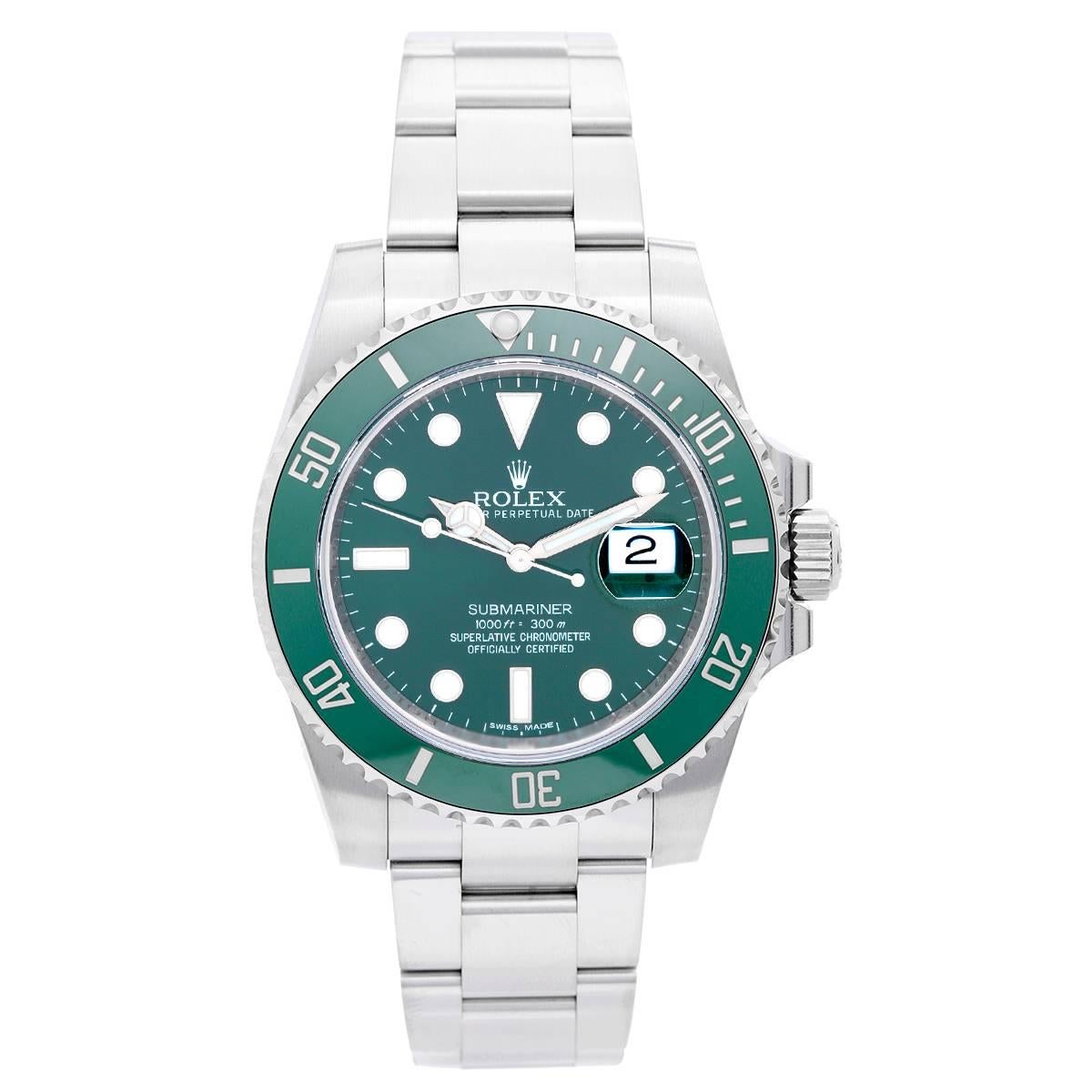 Rolex Stainless Steel Submariner Green Dial Automatic Wristwatch Ref 116610lV