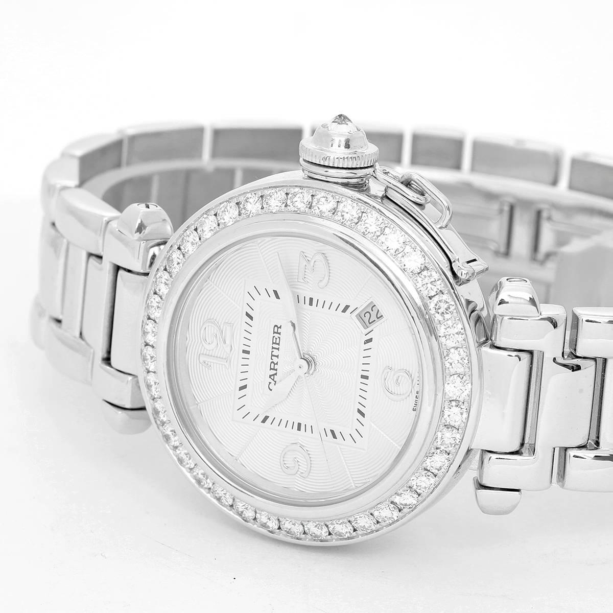 Cartier Pasha 18k White Gold & Diamond Automatic 32mm Ladies Watch -  Automatic winding. 18K White Gold round ( 32 mm ) with diamond bezel. Silvered Guilloche dial with Arabic numeral markers date displayed at 4 o'clock. 18k white gold Cartier Pasha