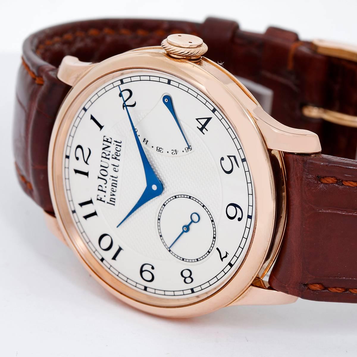 F.P. Journe Chronometre Souverain 18K Rose Gold -  Manual winding. 18K Rose gold ( 38 mm ) Skeleton case back. Silvered dial with Arabic numerals; center guilloche pattern texture ; two small subdials. Brown F.P. Journe leather strap with 18K Rose