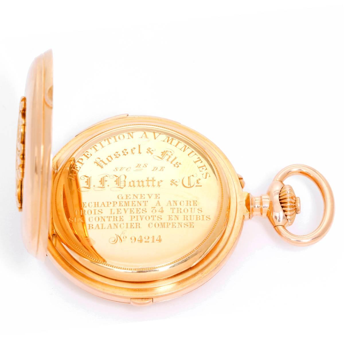 Russel & Fils Retailed by J. F. Bautte & Co. Pocket Watch -  Manual. Raised Gold Monogram case front and back. White dial with Roman numerals. Very rare 2- Train 5 minute repeater with independent sweep start stop dead seconds hand;