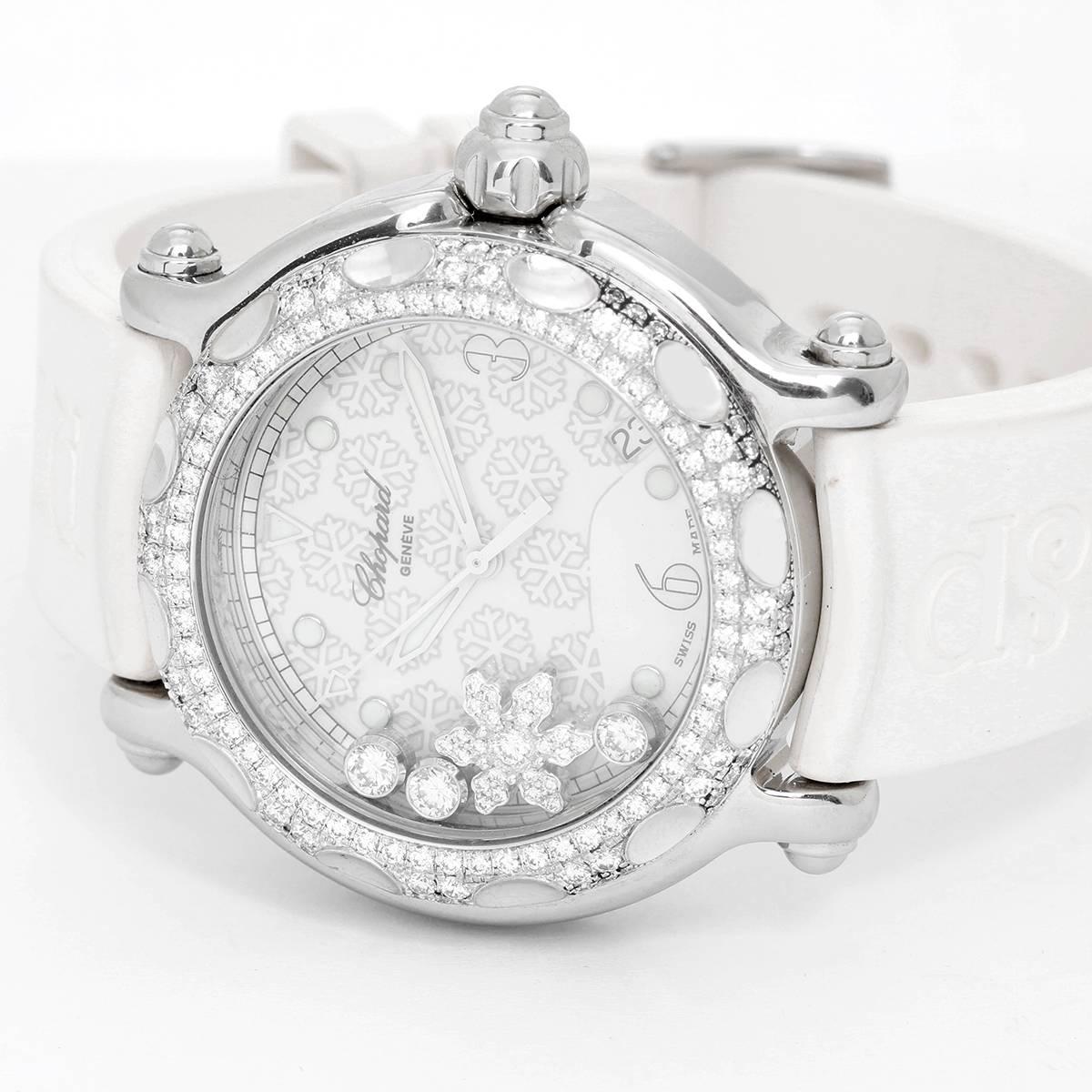 Chopard Happy Sport Snowflake Stainless Steel and White Gold Watch -  Quartz. Stainless Steel ( 34 mm );  Whit gold Diamond-set bezel. Textured White Snowflakes with luminous hands, Arabic numerals. White rubber strap with tangle buckle. Additional