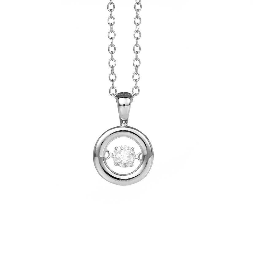 Charming 14k White Gold Dancing Diamond Necklace - This necklace features a  0.18 carat diamond in 14k white gold. The chain measures apx. 18 -20 inches in length. The round pendant measures apx. 3/8-inch in diameter and apx. 5/8-inch in length