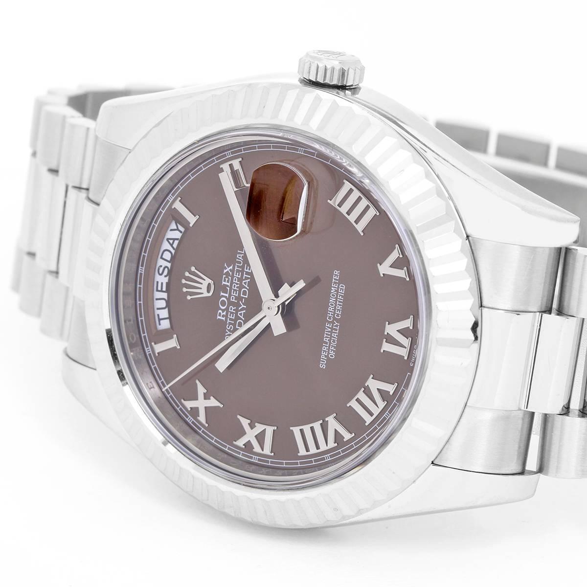Rolex President Day-Date II Men's 18k White Gold Watch 218239 -  Automatic winding, 31 jewels, Quickset, sapphire crystal. 18k white gold case with fluted bezel (41mm diameter). Havana 