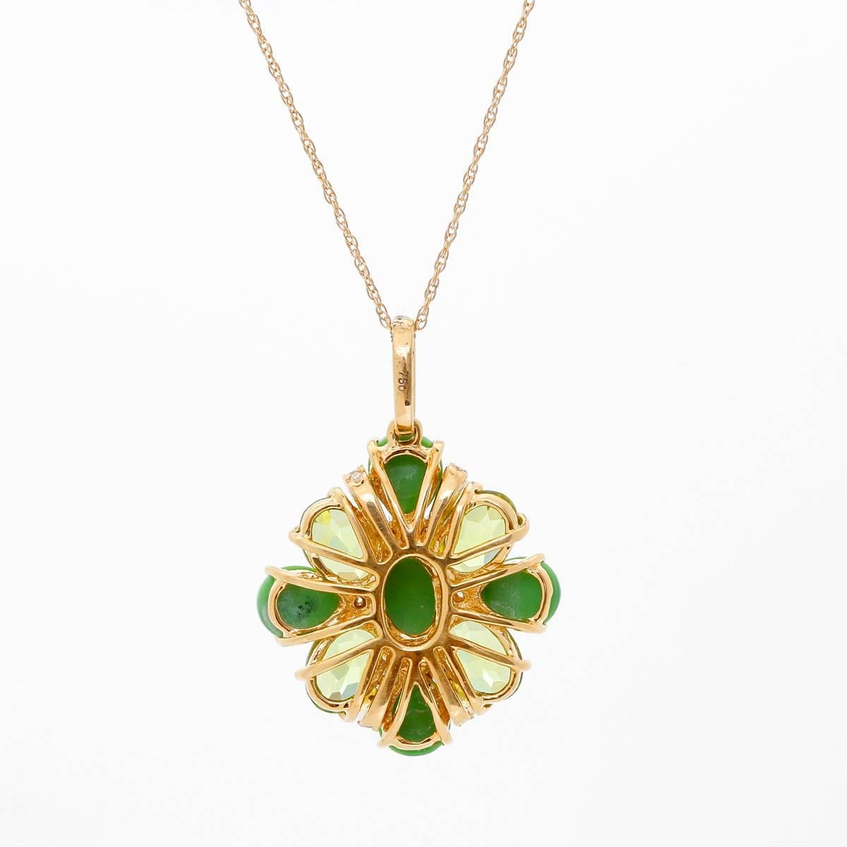 Peridot, Green Turquoise and Diamond Necklace - . Cabochon Green Turquoise and oval Peridots in a floral pattern. Rows of diamonds set in yellow gold around the green stones. 3.34 cts of Peridot. 1 ct of Cabochon Green Turquoise. .22 cts of diamond.