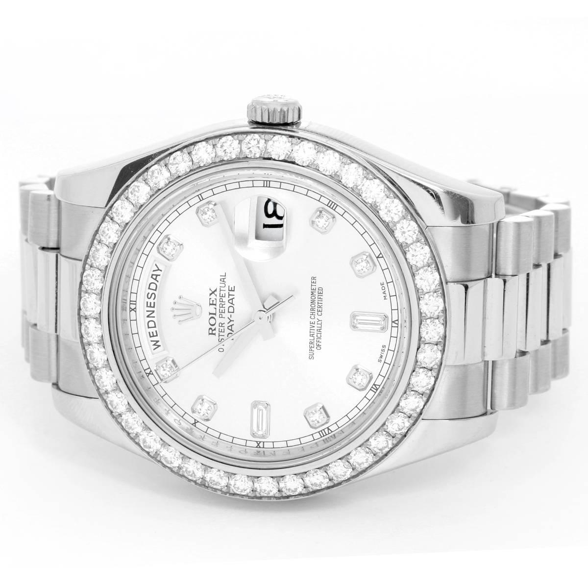 Rolex President Day-Date II Men's 18k White Gold Diamond Watch 218349 -  Automatic winding, Double Quickset, sapphire crystal. 18k white gold case with factory diamond bezel (41mm diameter). Factory silver dial with diamond hour markers. 18k white