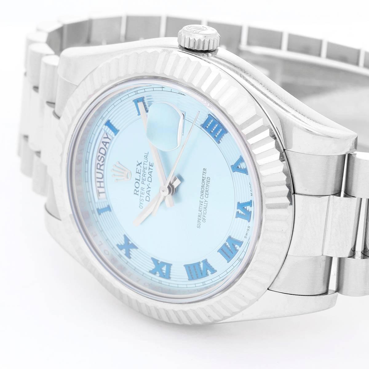 Rolex President Day-Date II Men's 18k White Gold Watch 218239 - Automatic winding, 31 jewels, Quickset, sapphire crystal. 18k white gold case with fluted bezel (41mm diameter). Glacier Blue dial with Roman numerals. This watch was upgraded with the