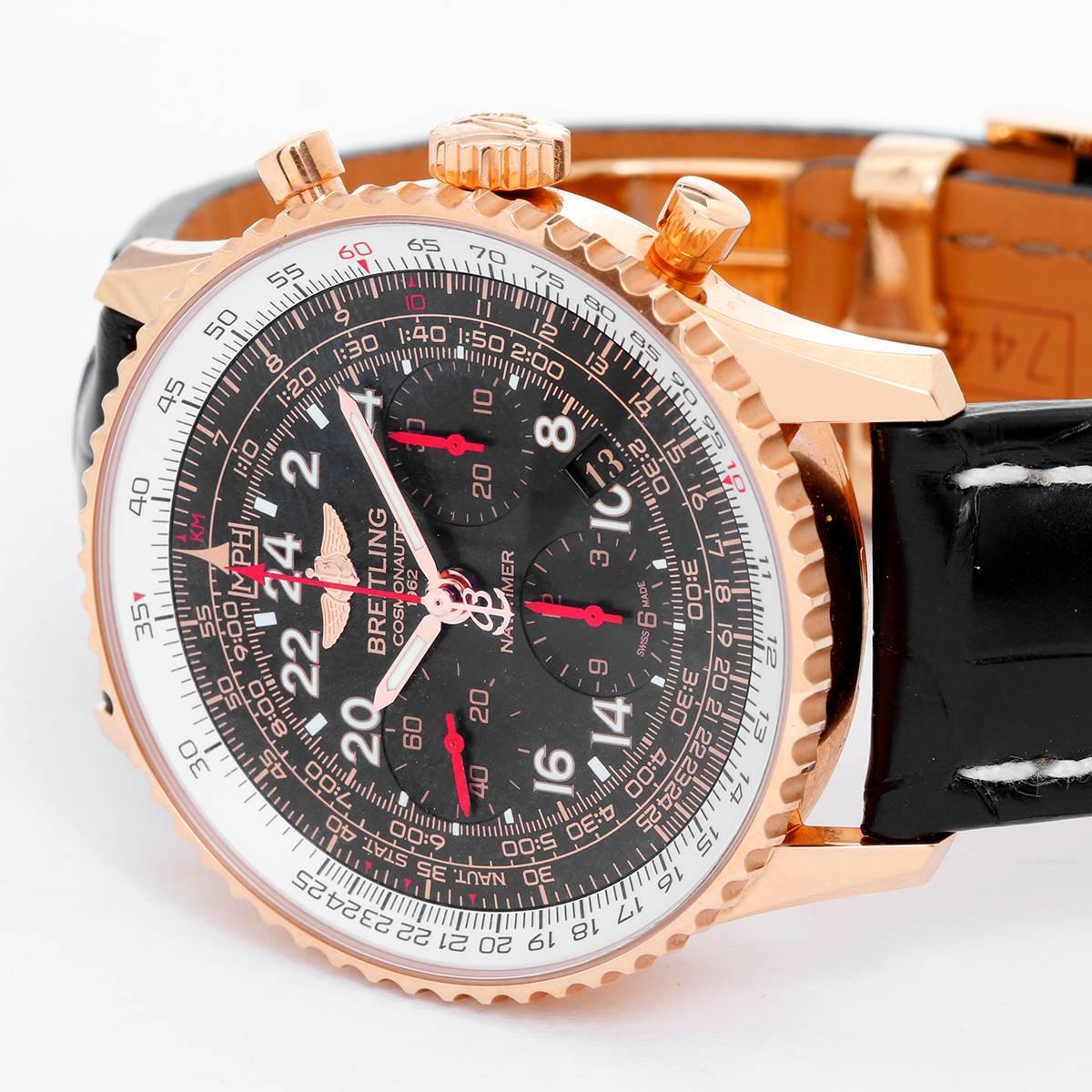 Breitling Navitimer Cosmonaute Rose Gold RB0210 -  Automatic. 18K Rose Gold ( 43 mm ). Black dial with Arabic numerals; sub dials with red hands. Black Breitling alligator strap. Pre-owned with  Breitling box and papers. Limited edition 57 /250.