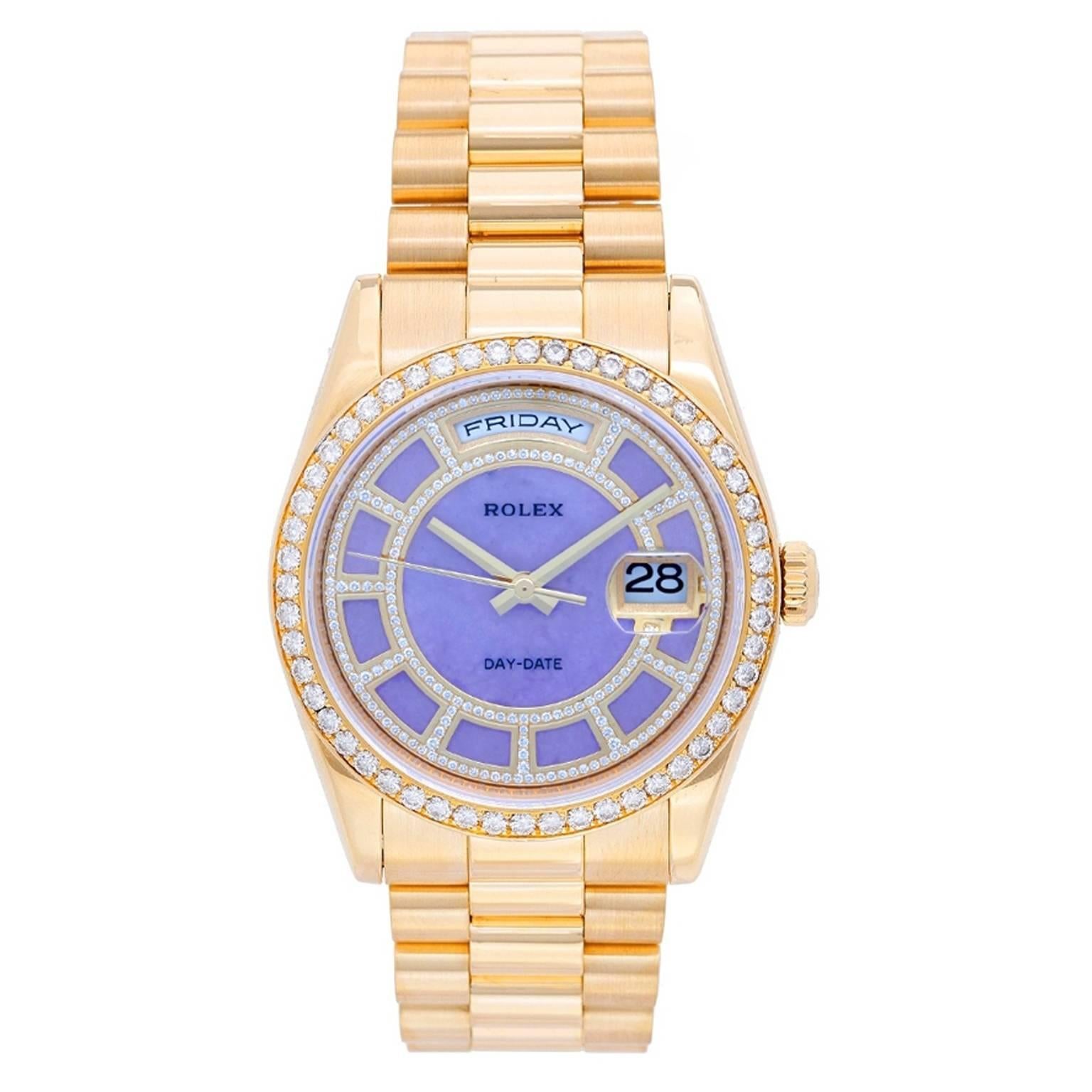 Rolex yellow gold President Day-Date Factory Lilac Stone Diamond Dial Wristwatch