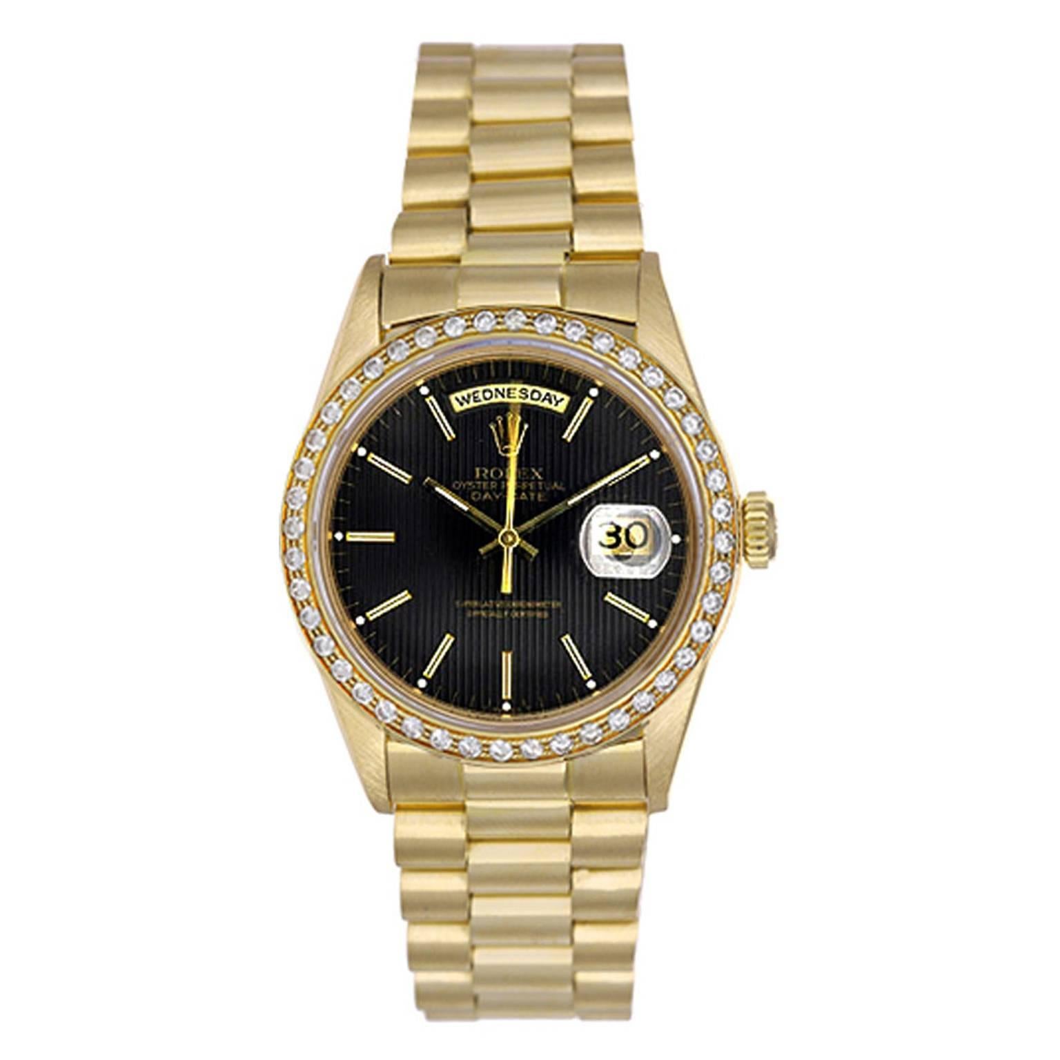 Rolex Yellow Gold President Day-Date Black Tapestry Dial Automatic Wristwatch
