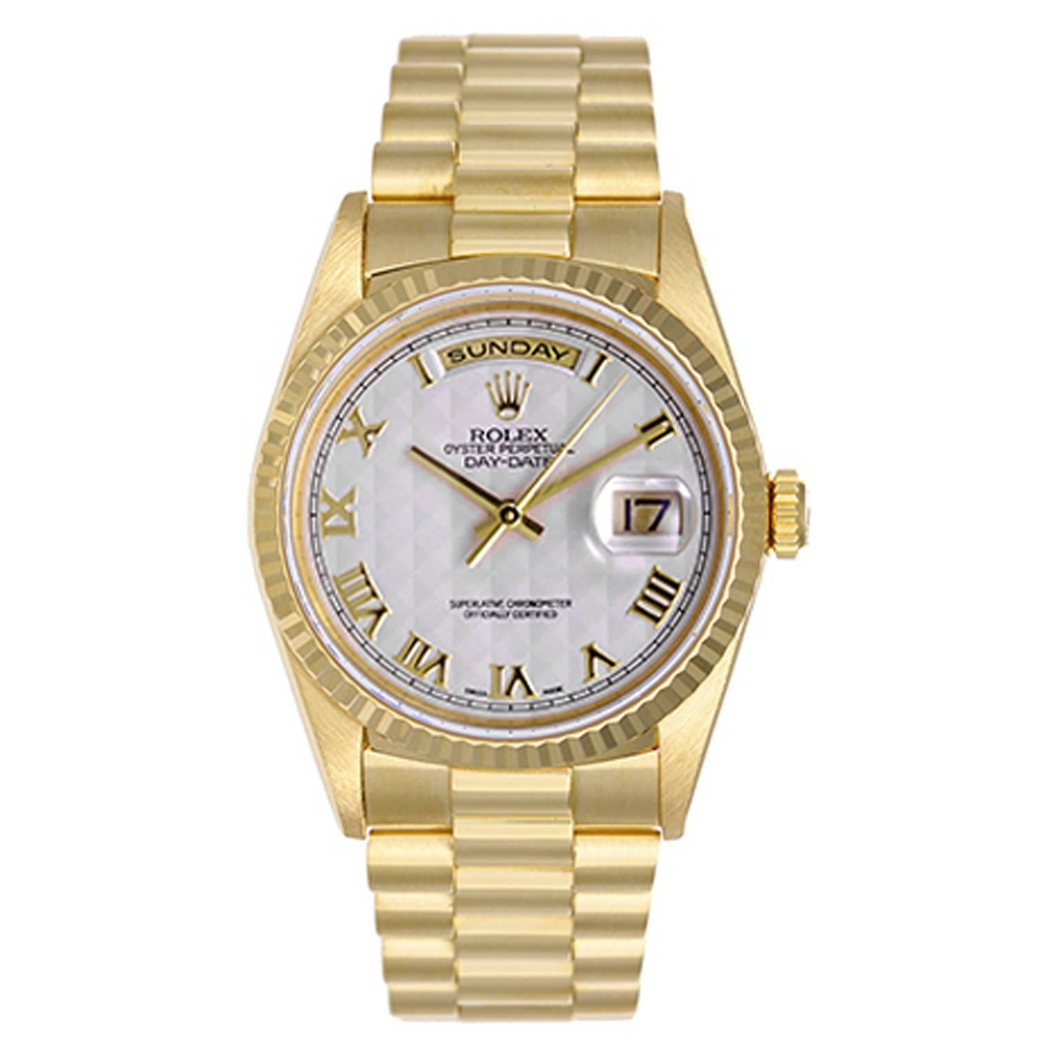 Rolex Yellow Gold President Cream Pyramid Dial Day-Date Wristwatch Ref 18238