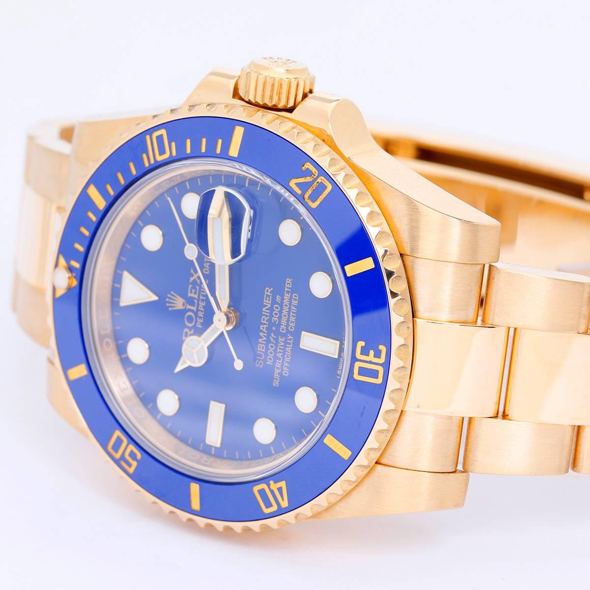 Rolex Submariner 18k Gold Men's Watch 116618 Blue Dial -  Automatic winding, 31 jewels, Quickset, sapphire crystal. 18k yellow gold case with rotating bezel with blue insert (40mm diameter). Blue dial with white hour markers. 18k yellow gold Oyster