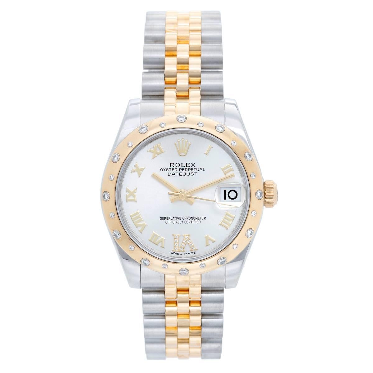 Rolex Yellow Gold Stainless Steel Diamond Datejust Dome Bezel Wristwatch