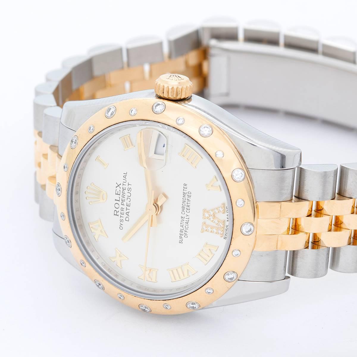 Rolex Datejust Midsize 31mm Steel & Gold 24 Diamond Dome Bezel Watch 178343 -  Automatic winding, 31 jewels, sapphire crystal. Stainless steel case with scattered 24 diamond 18k yellow gold dome bezel (31mm diameter). Silver Pave dial with Roman