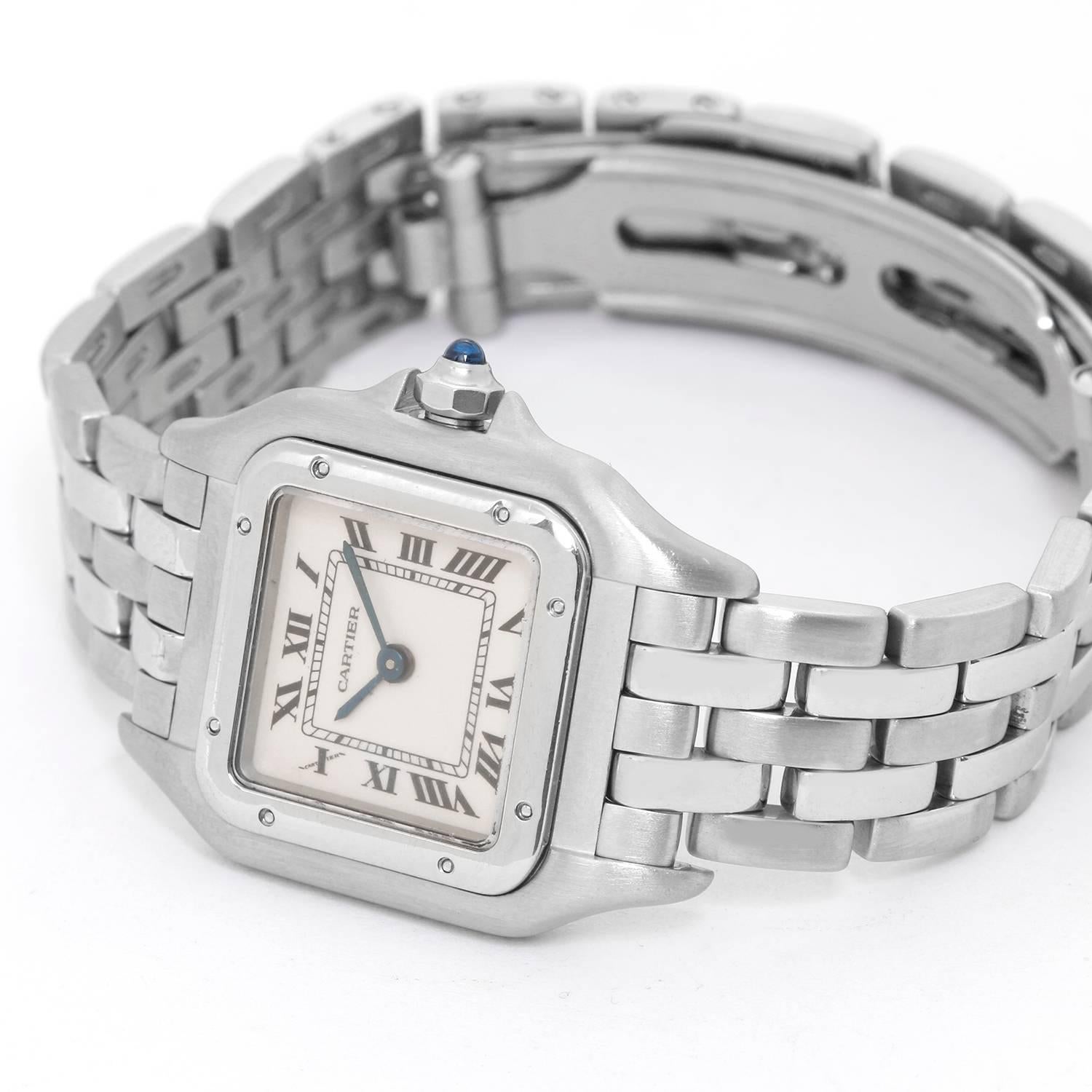 Cartier Panther Ladies Stainless Steel Panthere Watch W25033P5 -  Quartz. Stainless steel case (21mm x 30mm). Ivory colored dial with black Roman numerals. Stainless steel Panthere bracelet. Pre-owned with custom box.