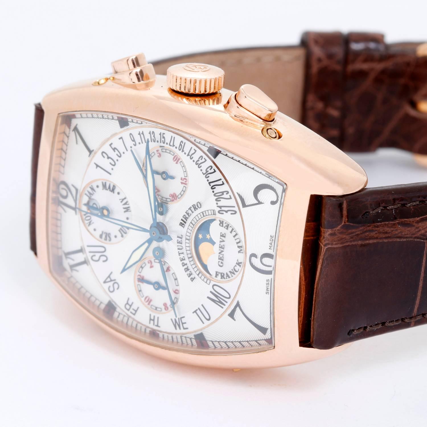Franck Muller 18k Rose Gold Perpetual Moonphase Bi-Retro Chronograph 6850 -  Automatic. 18K Rose Gold ( 31 mm x 40 mm ). Tonneau silver color dial with black Arabic numerals; two retrograde date and day indicators, four subsidiary dials for month/