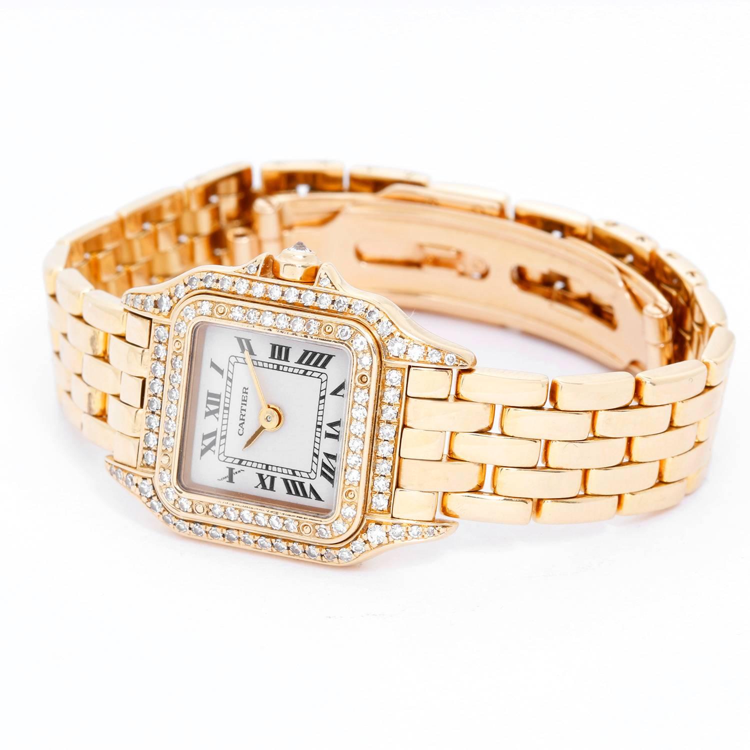 Cartier Small 18K Yellow Gold Panther  Ladies Watch -  Quartz. 18K Yellow Gold  (30 x 22 mm); Diamond bezel. White dial   with Roman Numerals. 18K Yellow Gold Panther bracelet with deployant buckle. Pre-owned with box.