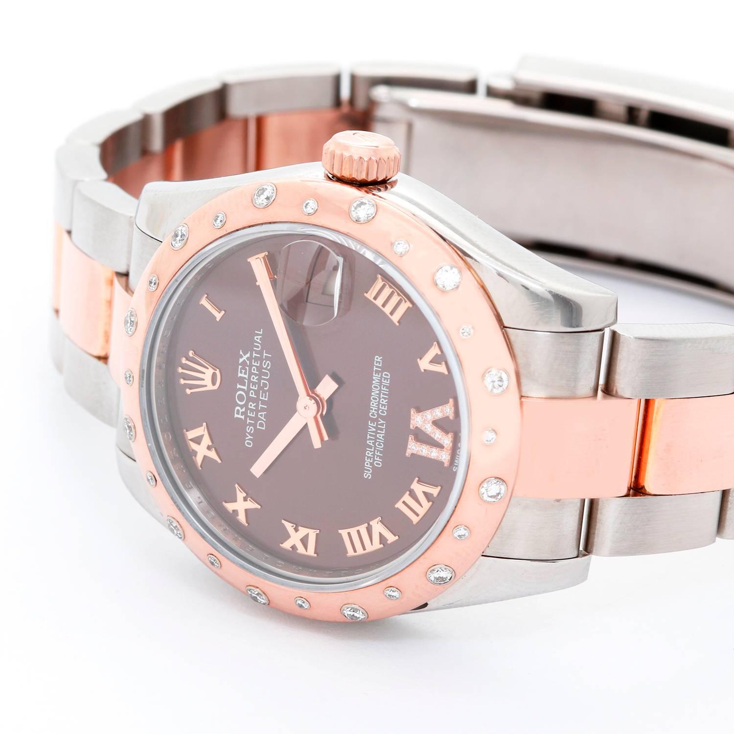 Rolex Everose Steel, Rose Gold, Diamond Ladies Midsize 31mm Datejust Watch 178341 -  Automatic winding. Stainless steel case with 18k rose gold and 24 diamond bezel (31mm diameter). Chocolate brown dial with rose gold Roman numerals and diamonds at