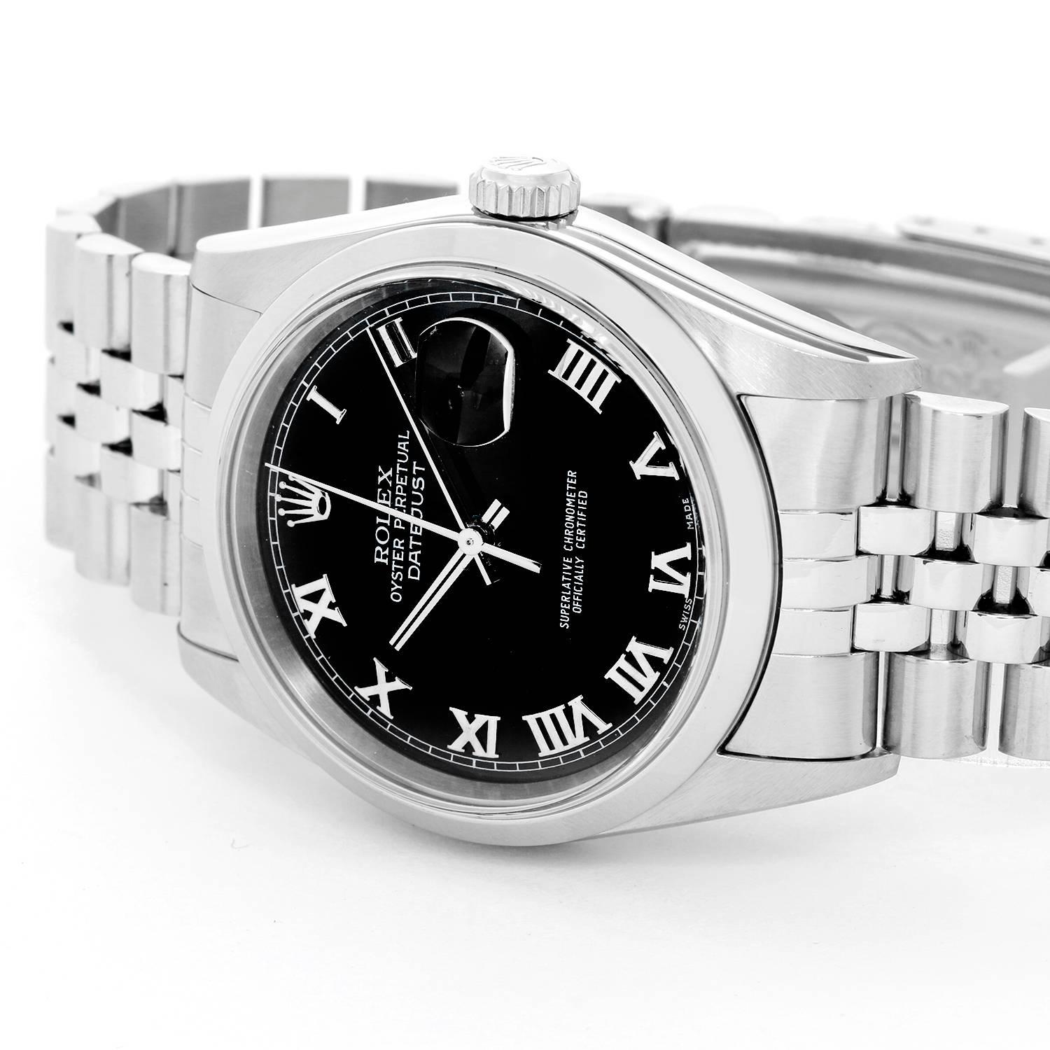 Rolex Datejust Men's Stainless Steel White Roman Numerals Watch 16200 -  Automatic winding, Quickset, sapphire crystal. Stainless steel case with smooth bezel (36mm diameter). Black dial with Roman Numerals. Stainless steel Jubilee bracelet.