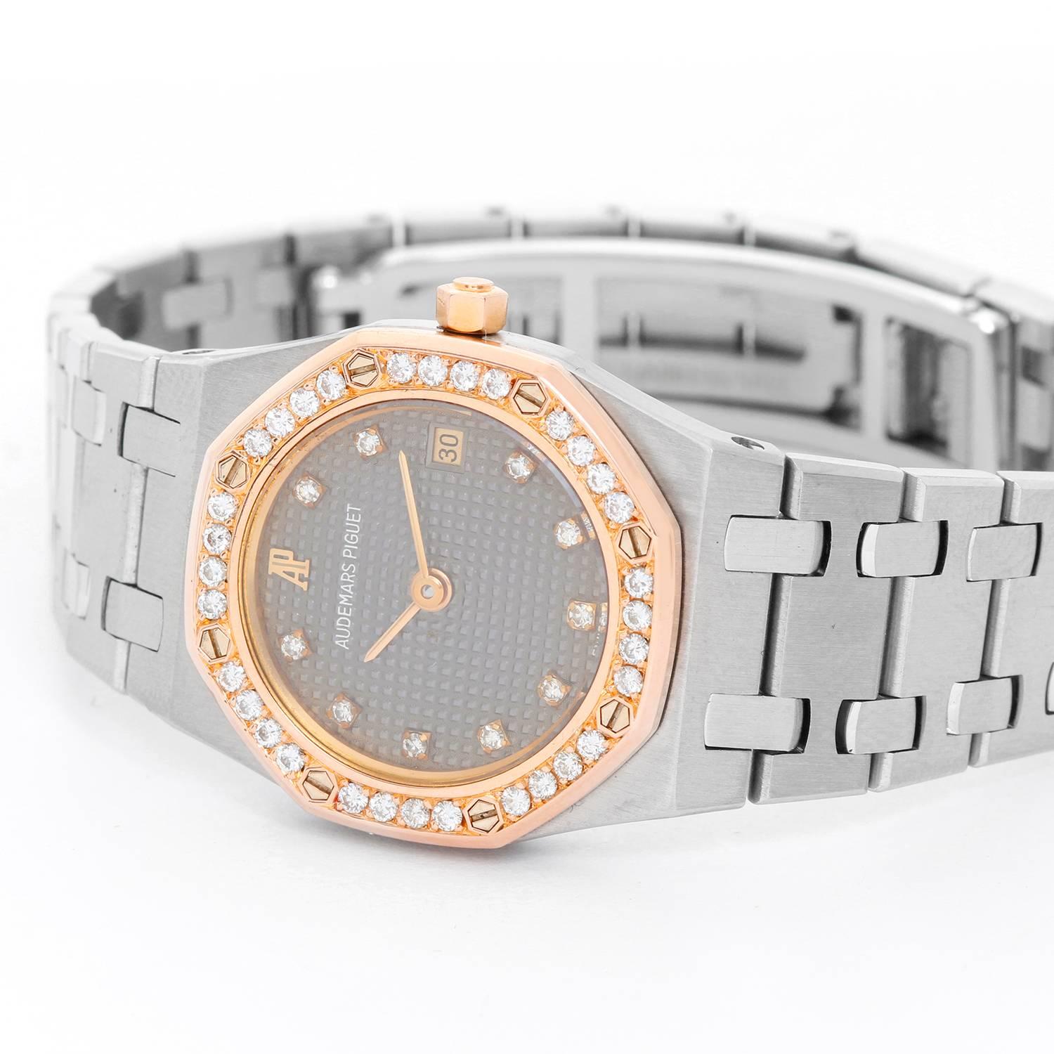 Audemars Piguet Royal Oak Ladies Watch -  Quartz. Stainless Steel ( 25 mm ) with a Rose Gold bezel with diamonds. Silver Tapisserie with diamond hour markers. Stainless steel with Deployant clasp. Pre-owned with custom box.