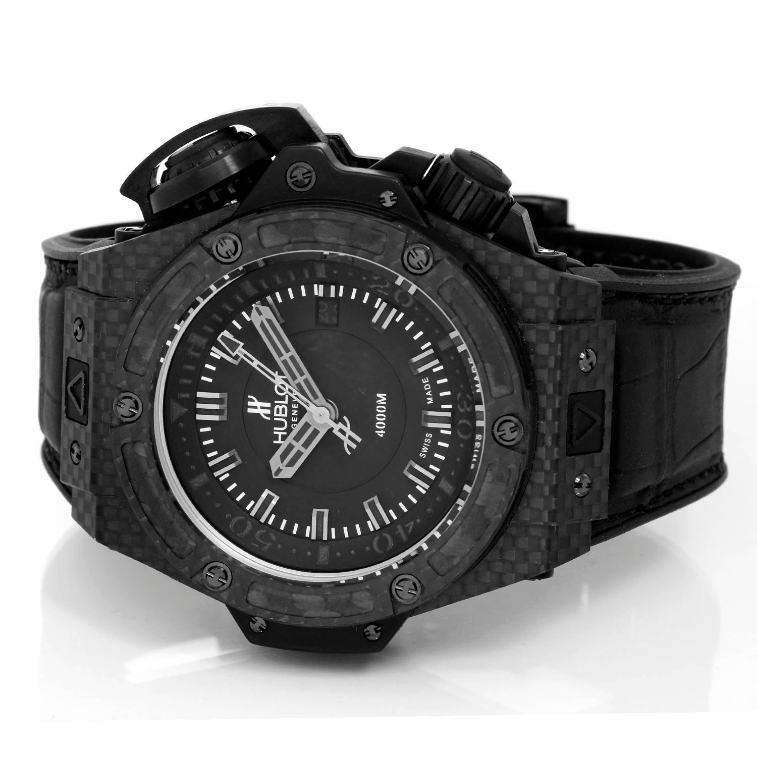 Hublot Oceanographic 4000 Carbon Fiber Men's Watch -  Automatic. Carbon Fiber case with inner rotating bezel ( 48 mm ). Black Matte dial with hour markers. Black alligator pattern strap with black Titanium Hublot buckle. Pre-owned with Hublot box