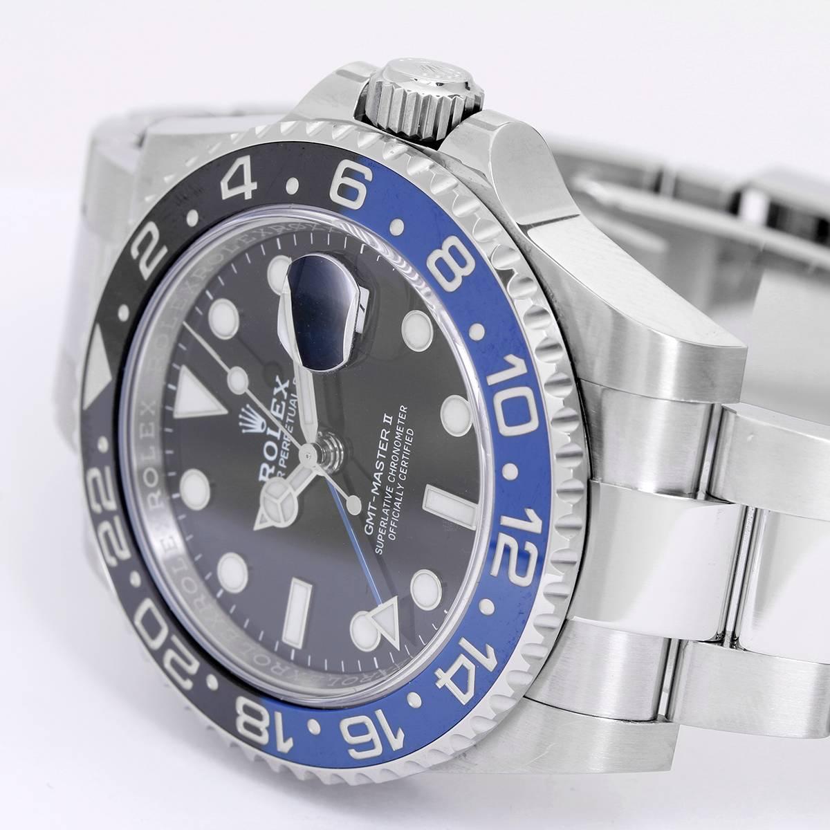 Men's Rolex GMT-Master II Watch 116710 (116710B) -  Automatic winding, 31 jewels. Stainless steel case with 24 hour ceramic blue and black bezel (40mm diameter). Black dial with luminous markers; blue GMT hand. Stainless steel Oyster bracelet with