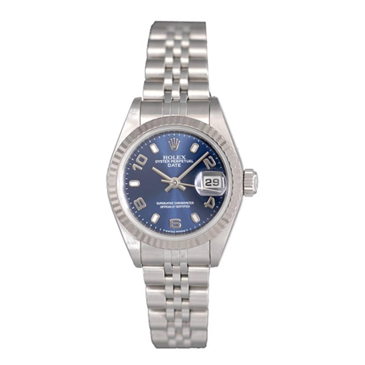 Rolex Ladies White Gold Stainless Steel Datejust Blue Dial Automatic Wristwatch