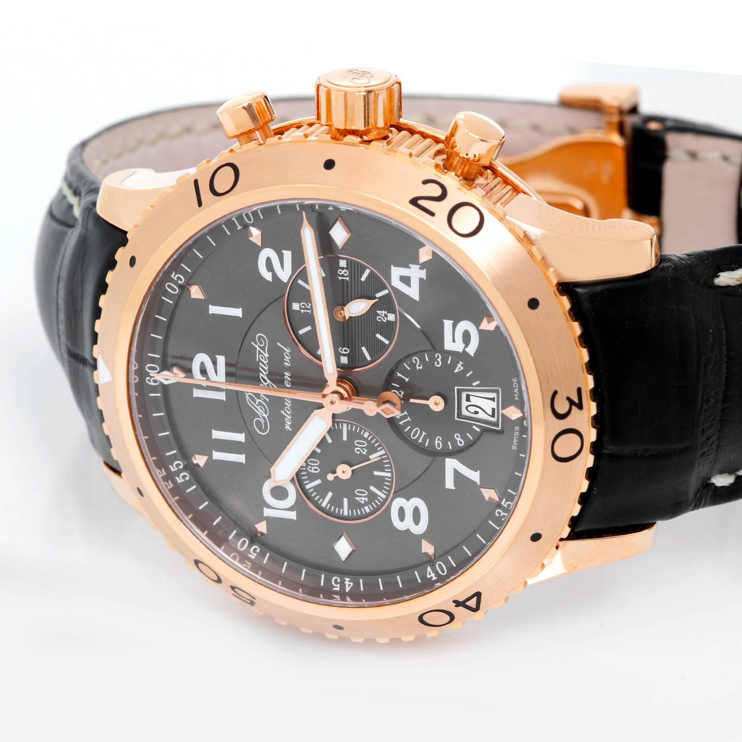 Breguet Transatlantique Type XXI Flyback Men's  Rose Gold Chronograph Watch 3810ST/92/9ZU -  Automatic winding. Rose gold case (42mm diameter). Brown dial with white Arabic numerals; flyback chronograph; hour, minute and seconds recorders; date.