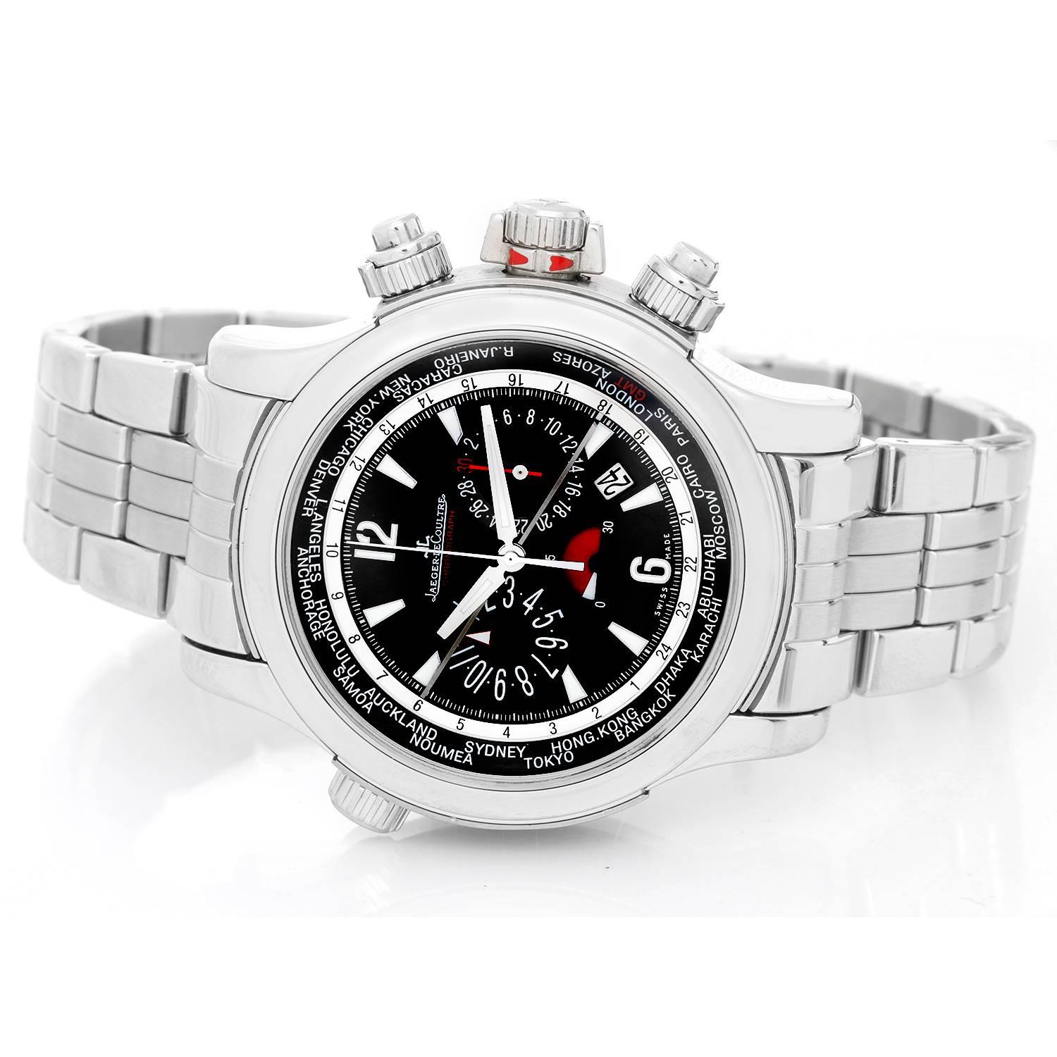 Jaeger LeCoultre Master Compressor Extreme World Time Chronograph 176.81.70 Men's Watch -  Automatic winding chronograph. Patented shock absorbing movement withstands even the most extreme uses. Stainless steel case  (46mm diameter). Black dial with