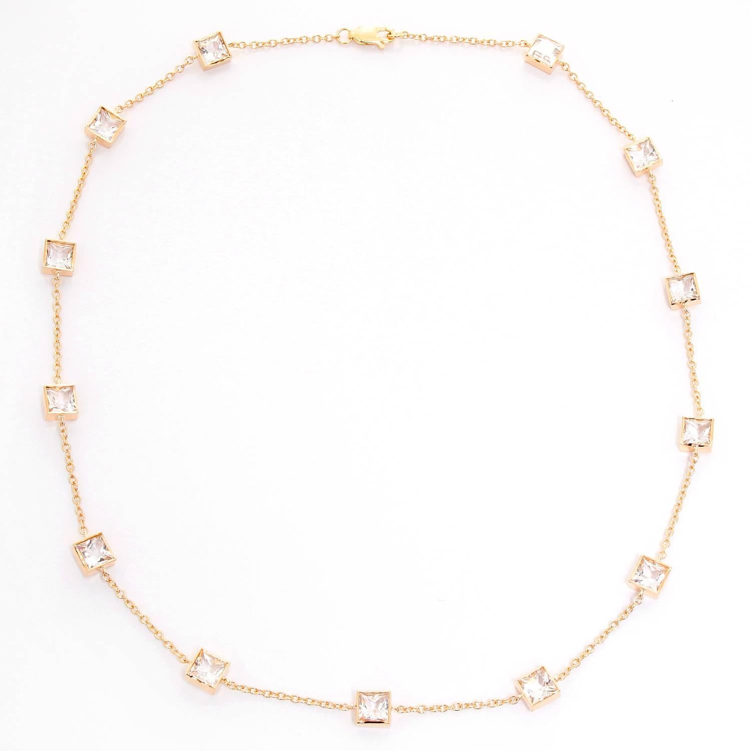 14K Yellow Gold White Topaz Yard Diamond by a Yard Necklace - . 14K Yellow Gold with 13 beautiful White Topaz weighing 10 cts. 18' in length. Total weight 11.4 grams.