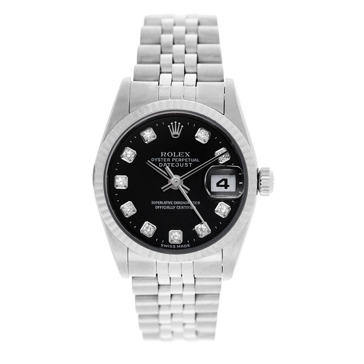 Rolex Stainless Steel Midsize Datejust Black Dial Automatic Wristwatch
